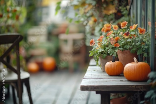 Porch of the backyard decorated with pumpkins in autumn