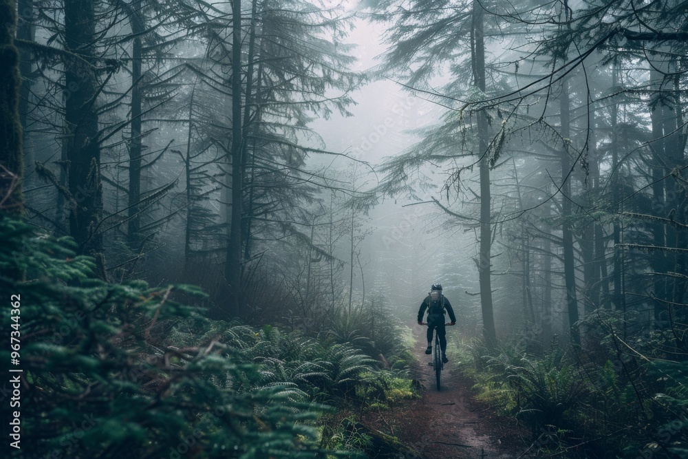 A lone bicyclist rides down a misty forest path, evoking a sense of solitude and adventure amidst lush greenery. A lone bicyclist rides down a misty forest path, evoking a sense of solitude and adventure amidst lush greenery.