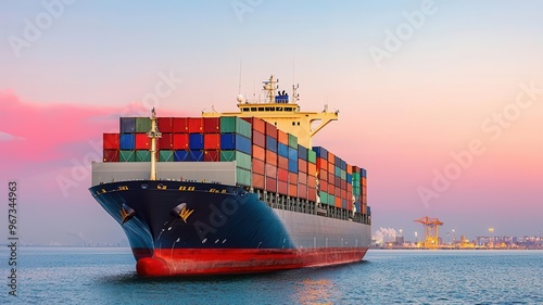 Massive freight ship anchored near an industrial port at dawn, Shipping transportation, logistics hub