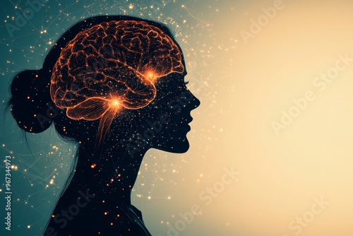 Neurocognitive process mental circuitry mind network and cerebral mapping silhouette of woman with glowing brain representing cerebral energy and futuristic neural processes photo