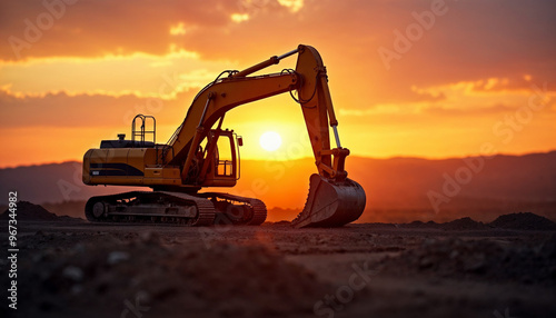 Industrial excavator in foreground, raised arm silhouetted against a vibrant sunset photo