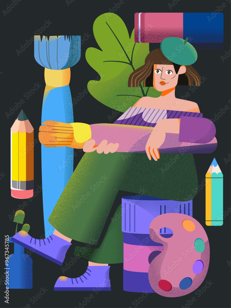 Obraz premium A female artist sitting in her workshop among her artistic tools. Brushes, pencils and eraser are around. Vector character design. Lifestyle and education scene.