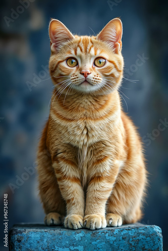 An orange cat sitting on top of a blue box