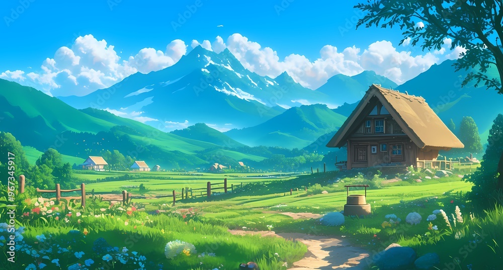 Farmhouse in cartoon style, surrounded by green fields, pastel colors Farmhouse in cartoon style, surrounded by green fields, pastel colors