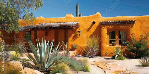 A stunning Tucson Arizona residence boasting a fresh ranchstyle design adorned with gold and mustard...
 photo