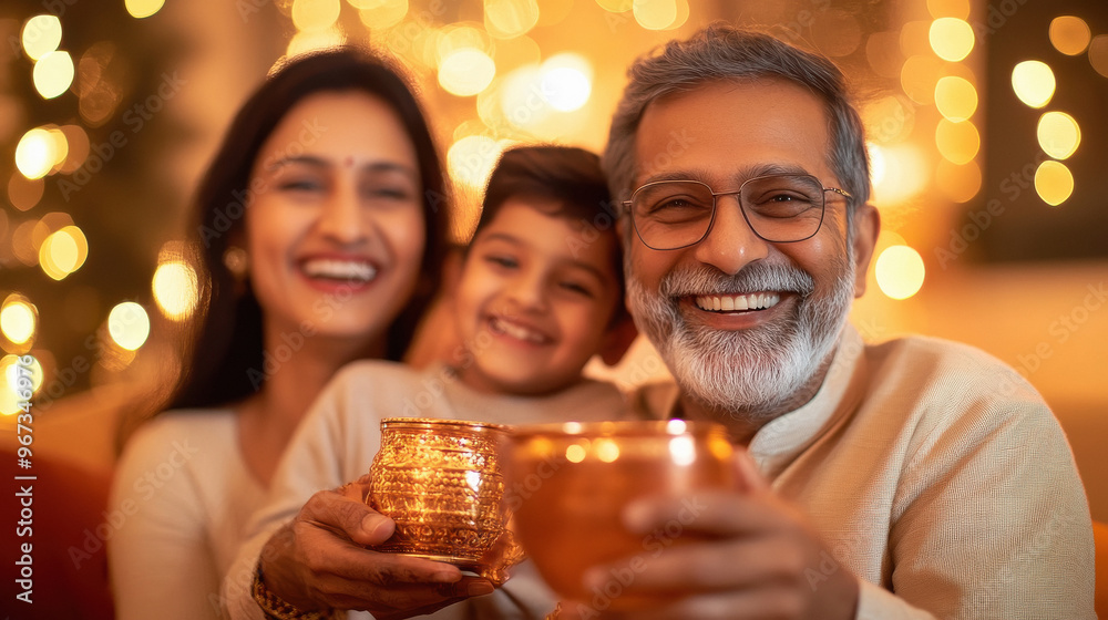 indian grandchildren and grandfather holding tea cup