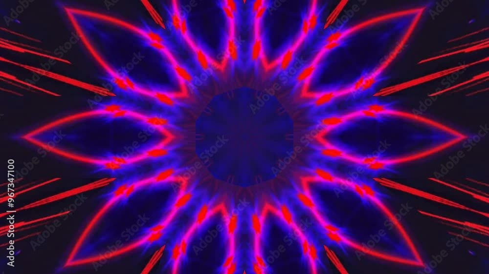 Motion graphic of floral tunnel pattern in pink, red and blue colors with neon light on black background. Motion graphic of floral tunnel pattern in pink, red and blue colors with neon light on black background.