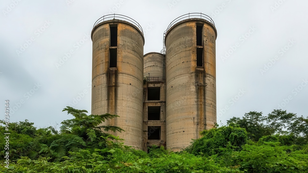 Rusted, abandoned cement silo surrounded by overgrown plants, Forgotten cement industry, urban decay Rusted, abandoned cement silo surrounded by overgrown plants, Forgotten cement industry, urban decay