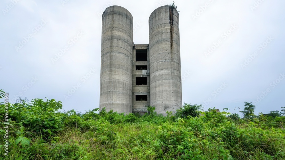 Rusted, abandoned cement silo surrounded by overgrown plants, Forgotten cement industry, urban decay Rusted, abandoned cement silo surrounded by overgrown plants, Forgotten cement industry, urban decay