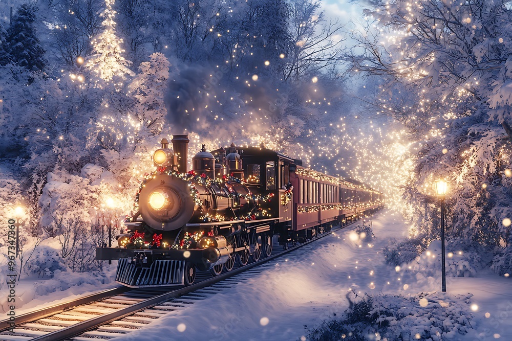 A magical train, surrounded by Christmas trees and decorations, with twinkling lights illuminating the path through an enchanted forest A magical train, surrounded by Christmas trees and decorations, with twinkling lights illuminating the path through an enchanted forest