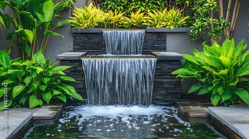 outdoor home modern water feature fountain waterfall as wide banner with copy space area for garden landscape design concepts