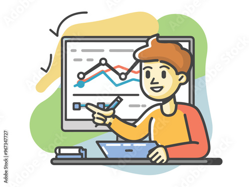 A vectorial icon representing a young teacher giving a course about statistics and creating charts in the R-programming language. Simple hand-drawn. Less details. Kawai flat style. 