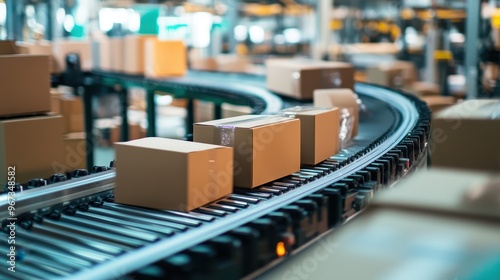 Conveyor Belt Transporting Cardboard Boxes in Warehouse