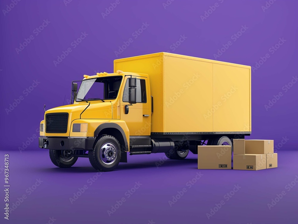 Yellow delivery truck with boxes, purple background, studio lighting, clean and modern look Yellow delivery truck with boxes, purple background, studio lighting, clean and modern look