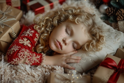 Stillness of night young curly-headed dreamer sleeps soundly. Child curly hair sleeps peacefully dreaming of magical wonders. Tranquil slumber of young signifies peace and comfort chaotic world.