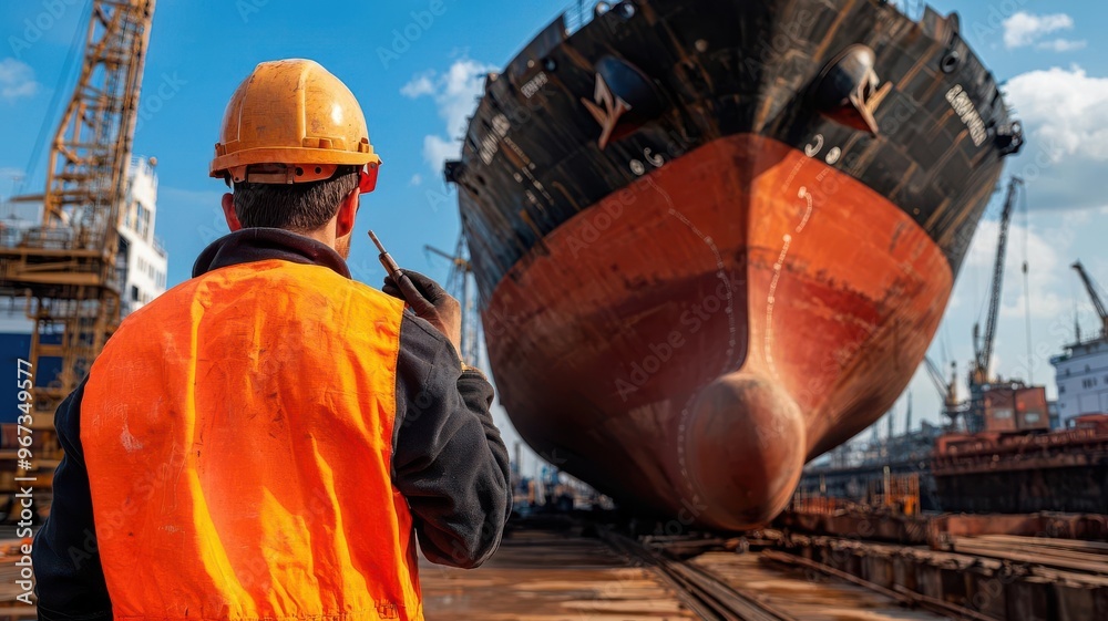Worker inspecting the underbelly of a large cargo ship in dry dock, Ship maintenance, industrial repair Worker inspecting the underbelly of a large cargo ship in dry dock, Ship maintenance, industrial repair
