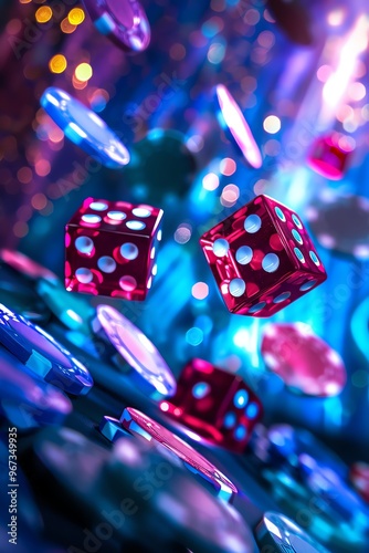 Casino chips and dice in motion, glowing blue background, dynamic composition