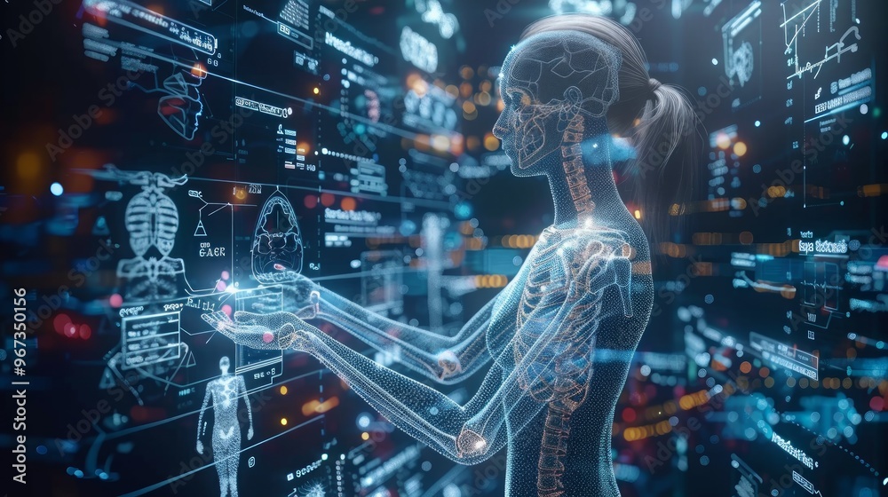 Digital health care innovative virtual science and medicine technology concept, Doctor working with human anatomy virtual interface icons. Digital health care innovative virtual science and medicine technology concept, Doctor working with human anatomy virtual interface icons.