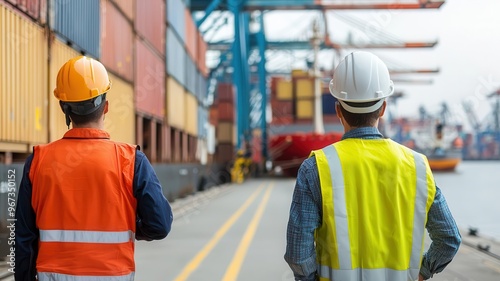 Workers in a port managing the flow of incoming cargo, Shipping operations, global logistics