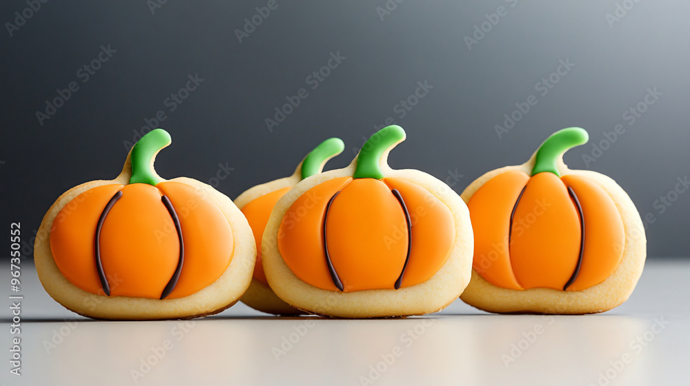 Halloween-themed cookies shaped and decorated like pumpkins with green stems Halloween-themed cookies shaped and decorated like pumpkins with green stems
