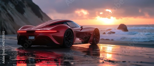 Exotic sports car, sleek design, coastal road at sunset
