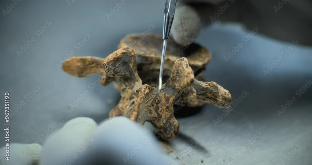 Close up shot of cleaning bone of extinct dinosaur from sand with tools and brush. Archaeologist works with fossil remains of prehistoric human or animal in archaeological lab. Archaeology concept. Close up shot of cleaning bone of extinct dinosaur from sand with tools and brush. Archaeologist works with fossil remains of prehistoric human or animal in archaeological lab. Archaeology concept.