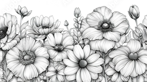 Wallpaper Mural Black Line Hand-Drawn Sketch of Various Flowers on a White Background Torontodigital.ca