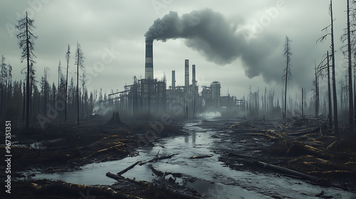 Deforestation and Industrial Pollution: A Dying Forest Next to a Polluting Factory