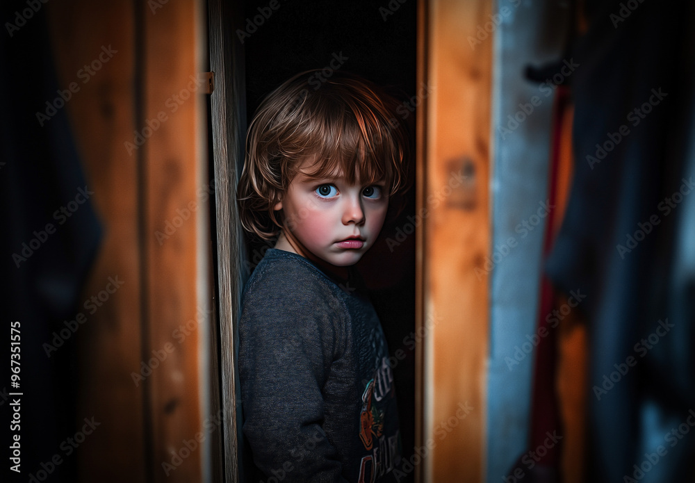 A frightened little boy, with dark and light brown hair and blue eyes, stands in the corner of an open doorway, staring at me. A frightened little boy, with dark and light brown hair and blue eyes, stands in the corner of an open doorway, staring at me.