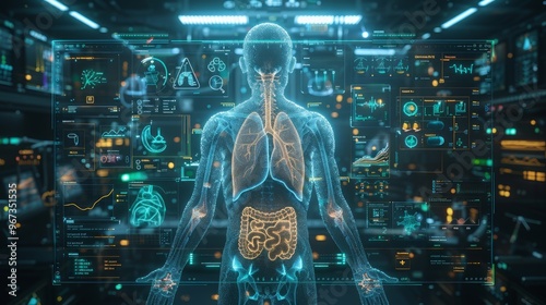 Digital interface with hologram of human body and hud with icons of lungs, pills, thermometer, syringe, diagnostics, pie diagram. Concept of future technologies in health care. 3d rendering 