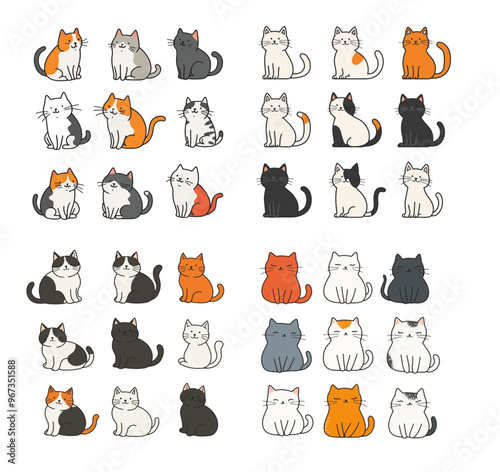 Niedliche Katzenillustration: Verschiedene stilisierte Katzen in Schwarz, Weiß, Grau und Orange, liebevoll gezeichnet und minimalistisch dargestellt