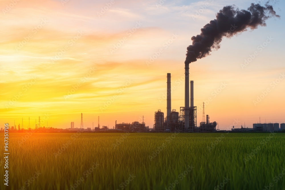 Industrial skyline with smoke stacks at sunset over a green field, symbolizing environmental impact and energy production. Industrial skyline with smoke stacks at sunset over a green field, symbolizing environmental impact and energy production.
