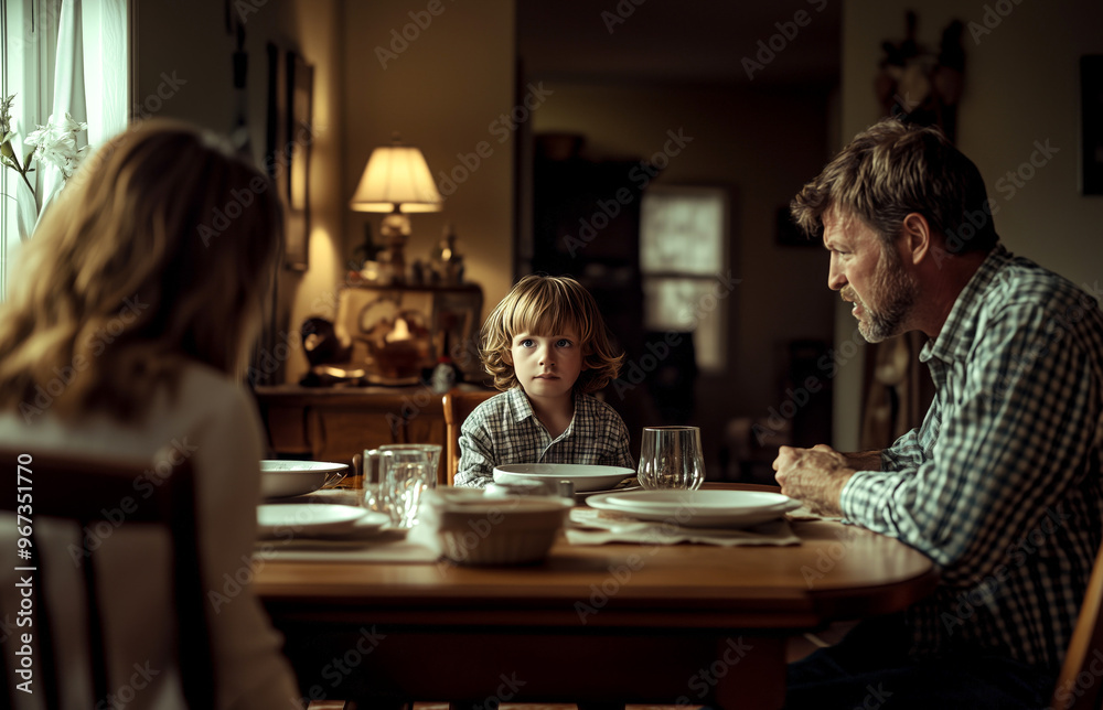 A child sits at a wooden dining table, surrounded by concerned parents, their faces etched with seriousness. A child sits at a wooden dining table, surrounded by concerned parents, their faces etched with seriousness.