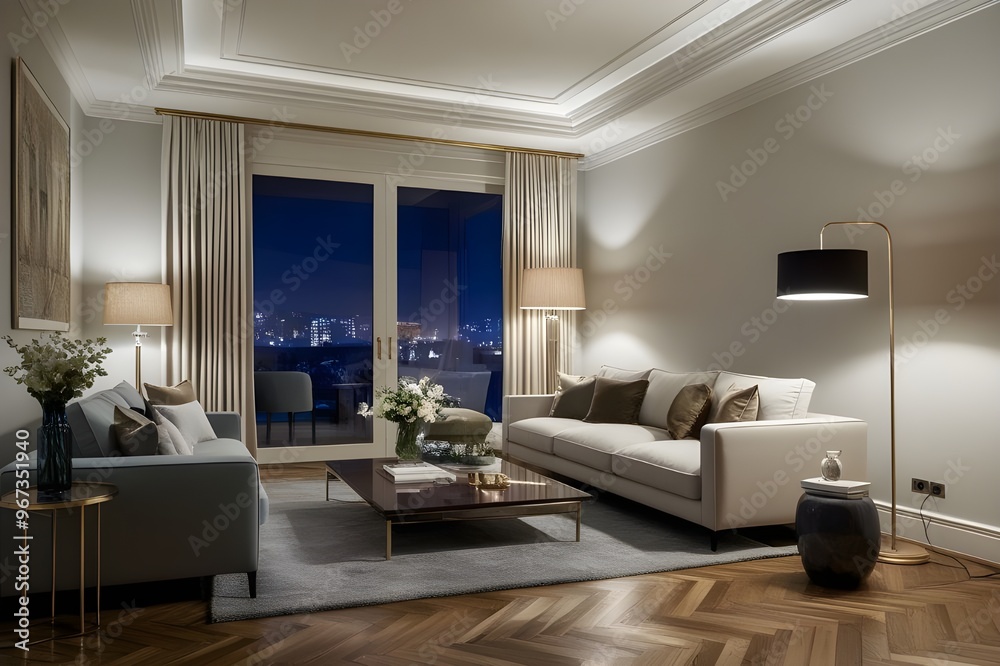 Fototapeta premium Luxury Living Room At Night With Sofa, Floor Lamp And Parquet Floor.