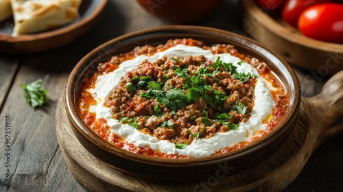 Kayseri Yaglama, a Turkish dish made with minced meat, yogurt, and tomato paste