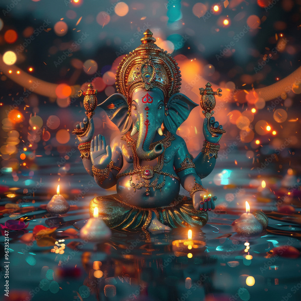 Fototapeta premium Ganesha statue in the water with lights and lamp