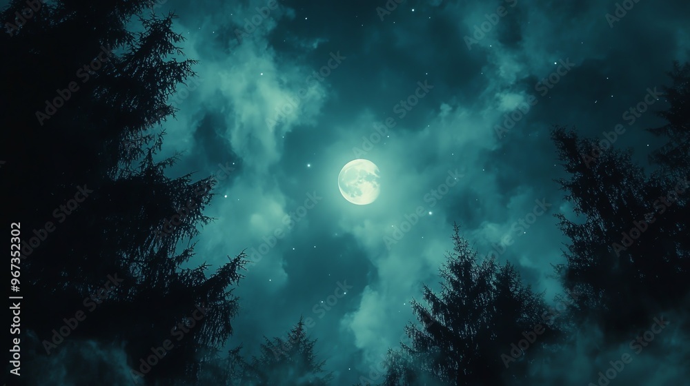 Full Moon Illuminating a Foggy Forest at Night Full Moon Illuminating a Foggy Forest at Night