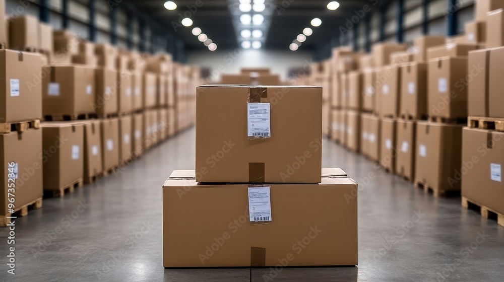 This image showcases neatly stacked cardboard boxes in a spacious warehouse, highlighting organization and storage efficiency. This image showcases neatly stacked cardboard boxes in a spacious warehouse, highlighting organization and storage efficiency.