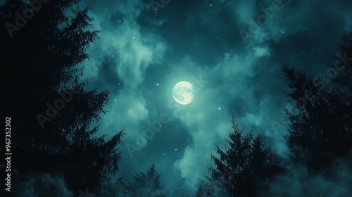 Full Moon Illuminating a Foggy Forest at Night