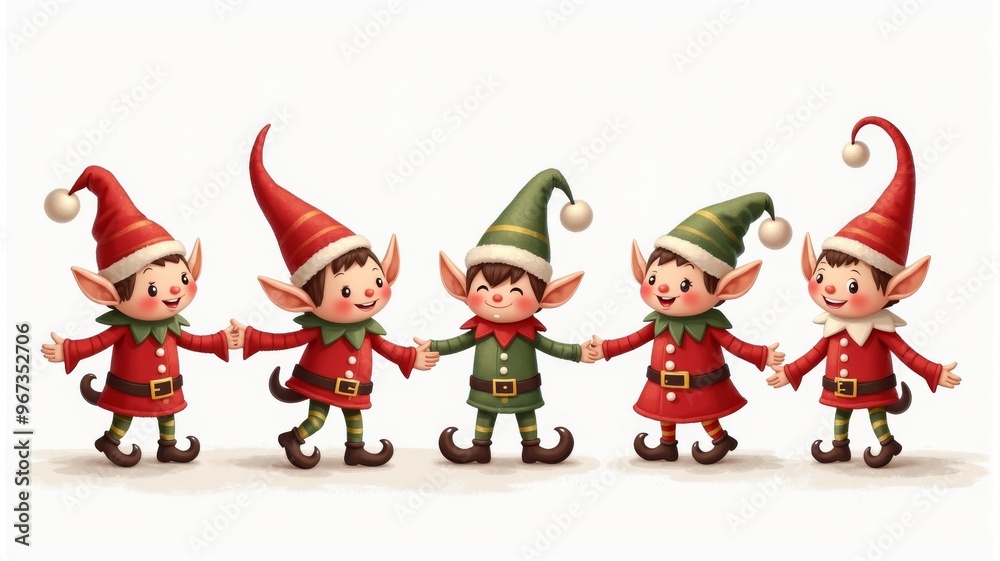 Cute Christmas Elves Holding Hands Illustration in Festive Attire Cute Christmas Elves Holding Hands Illustration in Festive Attire
