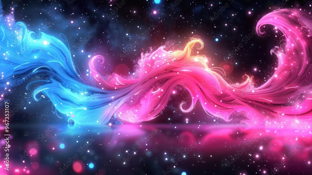 Fototapeta premium A vibrant swirl of blue and pink colors with sparkling effects, creating a dynamic abstract design.