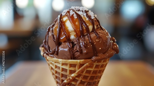 Imagine a delectable waffle cone filled with a scoop of rich chocolate ice cream. The cone is artfully drizzled with caramel sauce photo