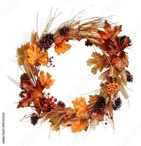 Fototapeta Naklejka Na Ścianę i Meble -  PNG Rustic fall harvest wreath plant leaf.