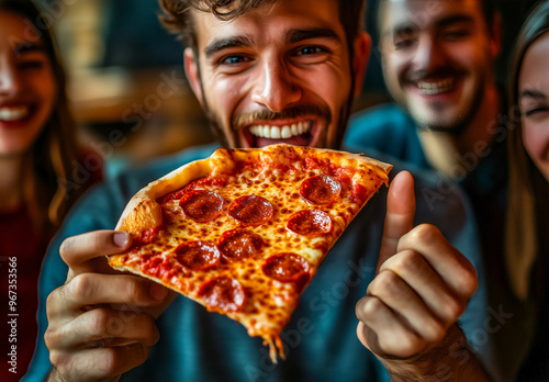 A close-up shot of friends laughing and sharing pizza slices, with one raising a slice for the camera while others cheer excitedly. photo