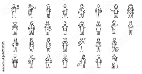 Set of outline profession icons in black and white on white background with copy space