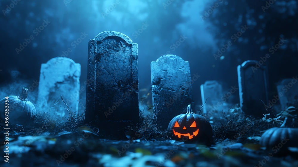 A Jack-o'-Lantern in a Graveyard at Night A Jack-o'-Lantern in a Graveyard at Night