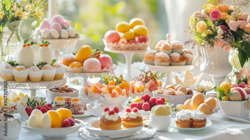 Imagine a festive Easter brunch with an array of delicious pastries, fresh fruit, and colorful egg dishes. Imagine a festive Easter brunch with an array of delicious pastries, fresh fruit, and colorful egg dishes.