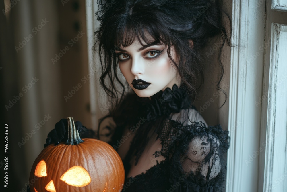 Goth inspired female, girl, woman, holding a carved pumpkin, fashion and make-up shoot Portrait. Gothic, Goth, Victorian, Dark style fashion. Dark smokey make-up, red lipstick. Dramatic. Elegant.
Goth inspired female, girl, woman, holding a carved pumpkin, fashion and make-up shoot Portrait. Gothic, Goth, Victorian, Dark style fashion. Dark smokey make-up, red lipstick. Dramatic. Elegant.