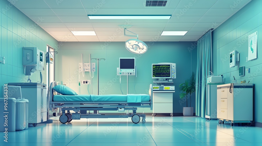 recovery ICU intensive care unit room ward with life support at hospital medical care emergency, biometrics and urgent monitoring of patient health care service banner with copy space recovery ICU intensive care unit room ward with life support at hospital medical care emergency, biometrics and urgent monitoring of patient health care service banner with copy space