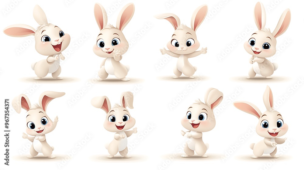 A charming collection of cute cartoon rabbits in a variety of playful poses and pastel hues. Great for children’s illustrations and decor. A charming collection of cute cartoon rabbits in a variety of playful poses and pastel hues. Great for children’s illustrations and decor.
